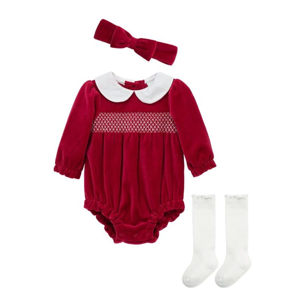 Little Me Girls  Smocked Bubble Set, Red